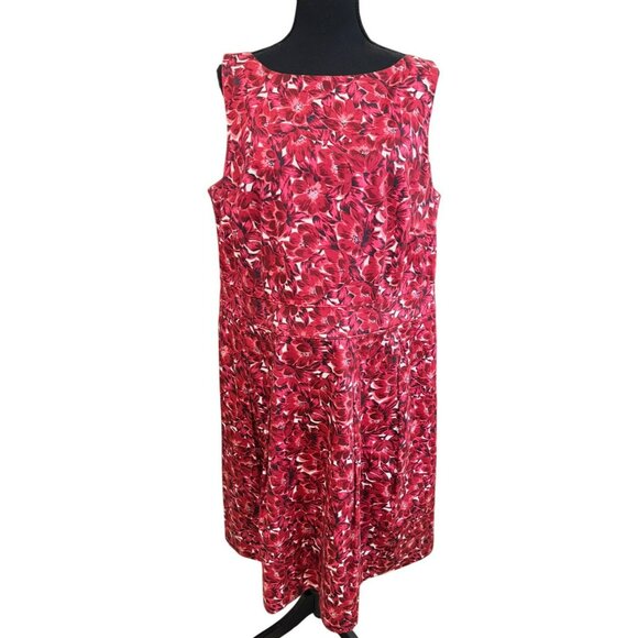 Talbots Red Floral Sleeveless Dress 14W Cotton/Spandex Pockets Boho Cottage Core - Picture 1 of 12